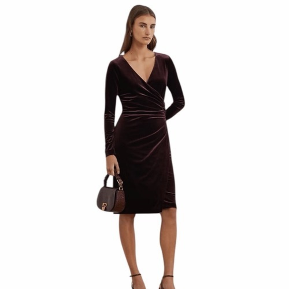 NEW Ralph Lauren Women's 14 Stretch Velvet Surplice Dress in Royal Claret Velvet